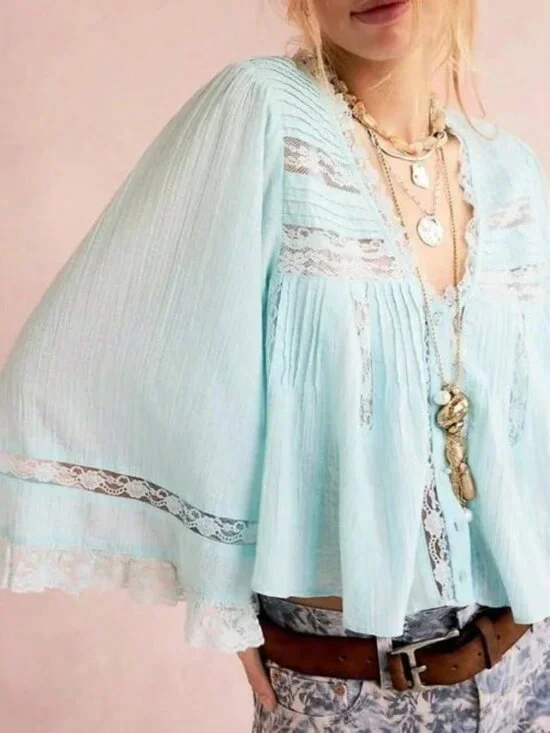 Baby Blue Bohemian Women's V-Neck Long Sleeve Lace-Detail Flared Top - Picture 3 of 3